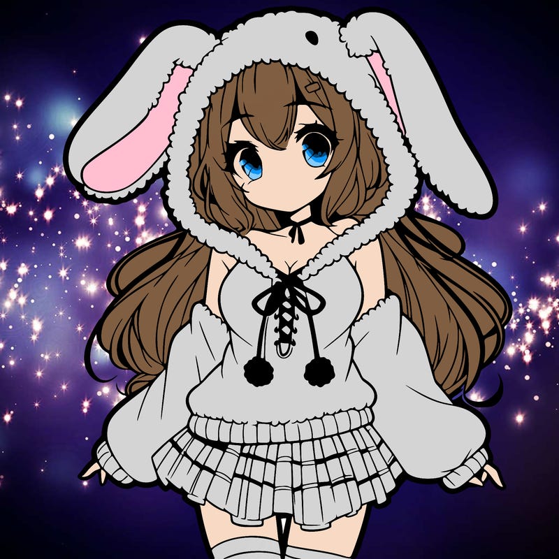 pretty anime girl wearing a fluffy hoodie with bunny ears on the hood and a skirt