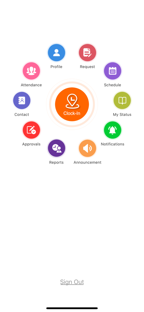 Home screen of ZKBioTime app with a circular menu for clocking in and managing employee attendance