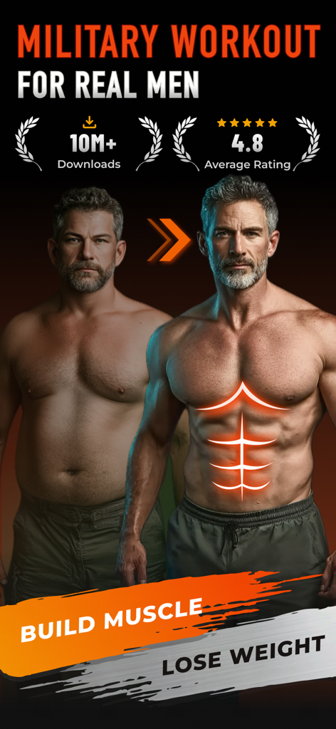 Military Workout: Muscle Max - A before and after side-by-side comparison of a man showing muscle growth and weight loss from a military fitness program.