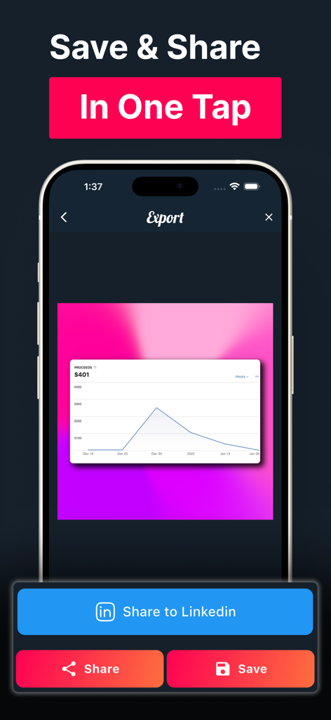 Screenshot Editor - SnapIt - Interface de aplicativo móvel mostrando uma captura de tela polida com um fundo gradiente e um botão para compartilhar diretamente no LinkedIn