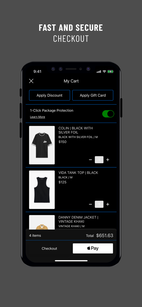 RTA BRAND - The RTA Brand app checkout screen showing items in a shopping cart and an Apple Pay button