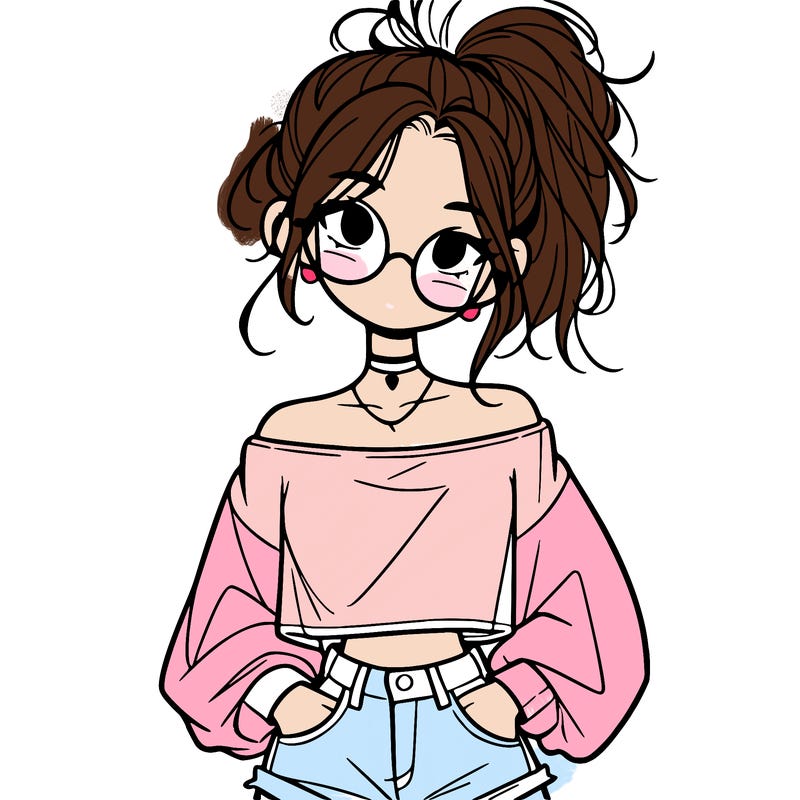 girl with a messy ponytail glasses a baggy crop top and jean shorts