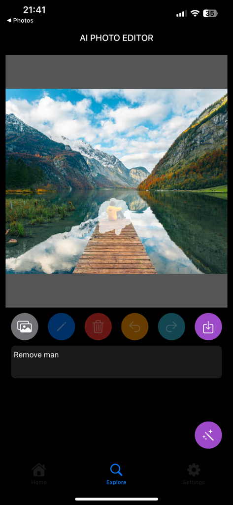 DeepArt - Generate Ai Photos - Interfaz de la aplicación editor de fotos DeepArt AI mostrando la eliminación de una persona de una imagen de paisaje de un lago en la montaña