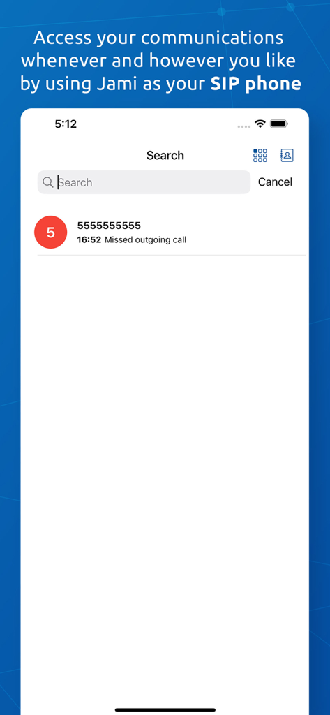 Jami app interface displaying SIP phone search and call logs.