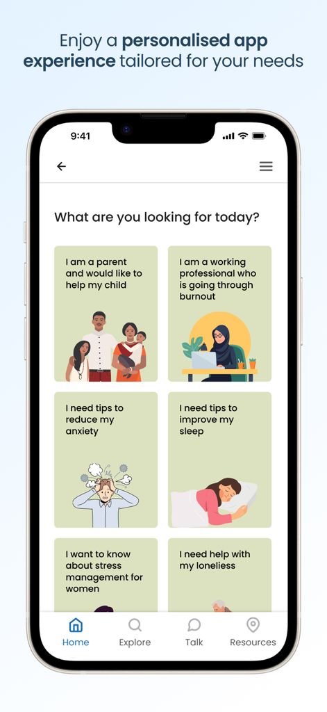 Tele MANAS - A mobile app interface from Tele MANAS showing personalized mental health support options for parents, professionals, and people seeking anxiety or sleep tips.