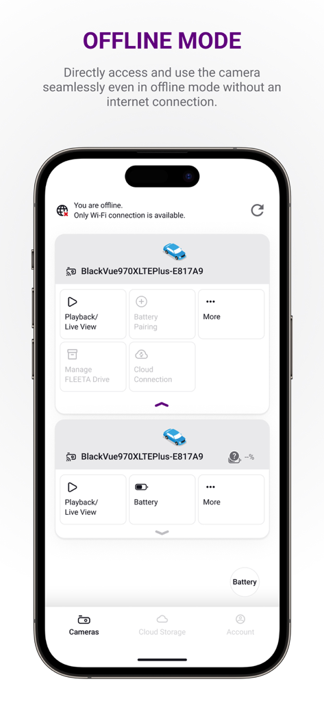 FLEETA App-Oberfläche, die den Offline-Modus für den lokalen Dashcam-Zugriff demonstriert