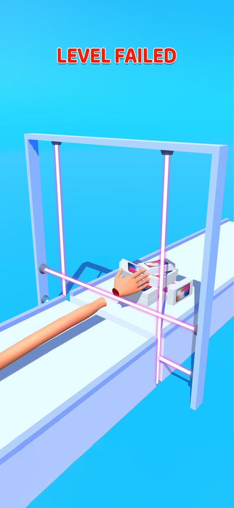 A level failed screen from Crazy Challenge Mini Games showing a 3D hand and laser trap