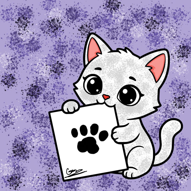 a small cat with a blank sheet of paper in its hand. the cat is sooooooo cute!