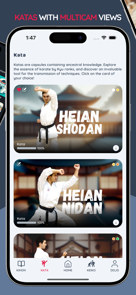 Karate Sensei, Video learning - Karate Sensei app screen showing various Shotokan katas like Heian Shodan and Heian Nidan with multicam video options.