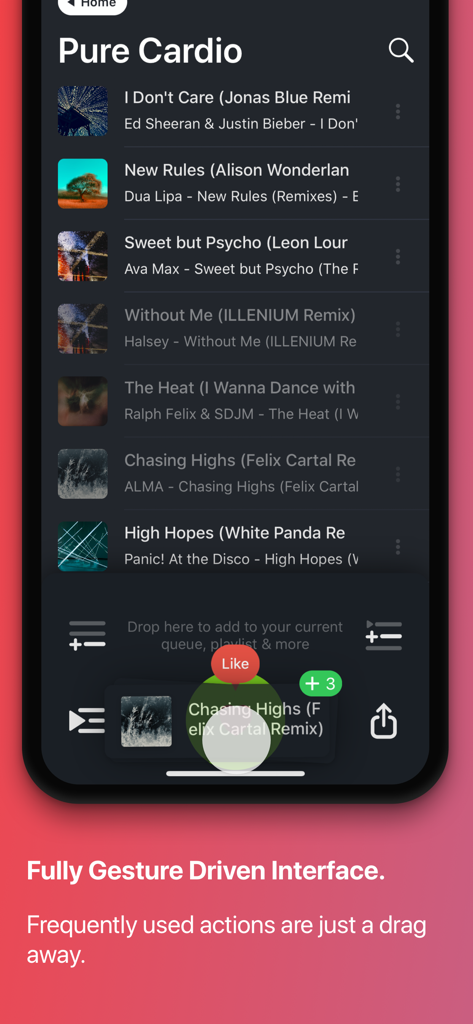 Interfaccia dell'app del lettore musicale Soor che mostra i controlli basati su gesti per una playlist su iPhone