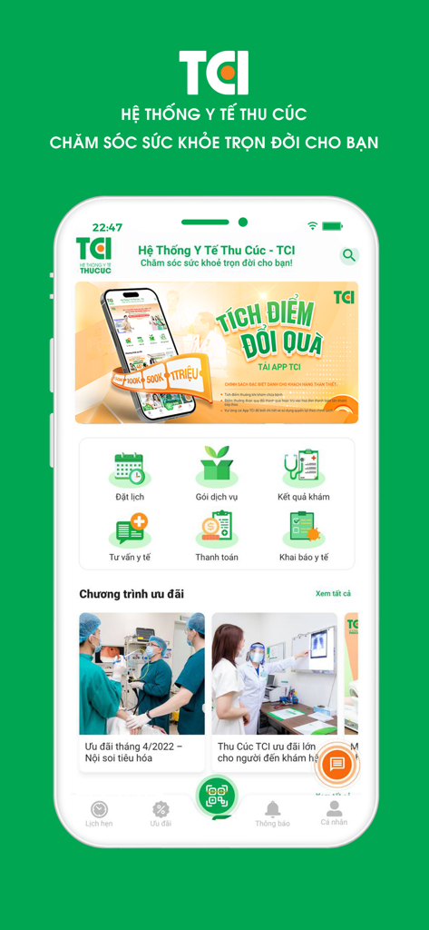TCI - Hospital - Interface of TCI Hospital app home screen displaying medical service options and appointment booking in Vietnamese