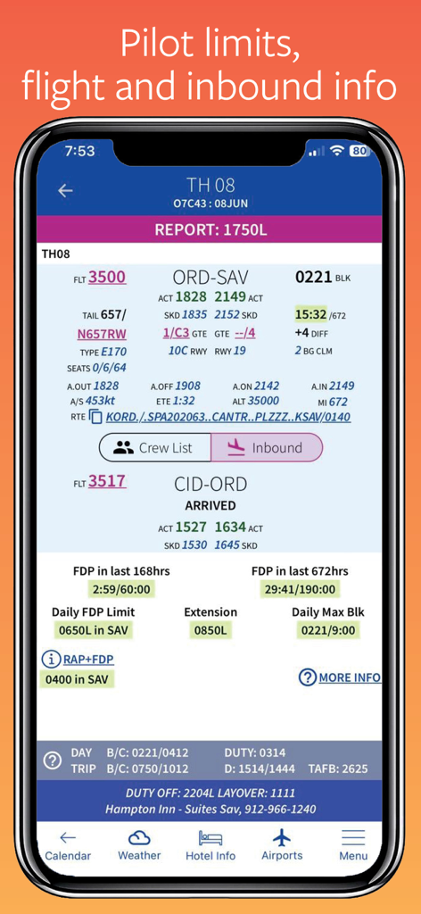 Flight Crew View - Interface of Flight Crew View displaying pilot duty limits and flight schedule