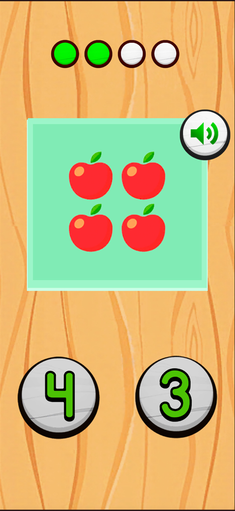 Kids Reading Games: ABC Dinos - Tela de um jogo de contagem para crianças do aplicativo ABC Dinos, mostrando quatro maçãs e botões de seleção de números.