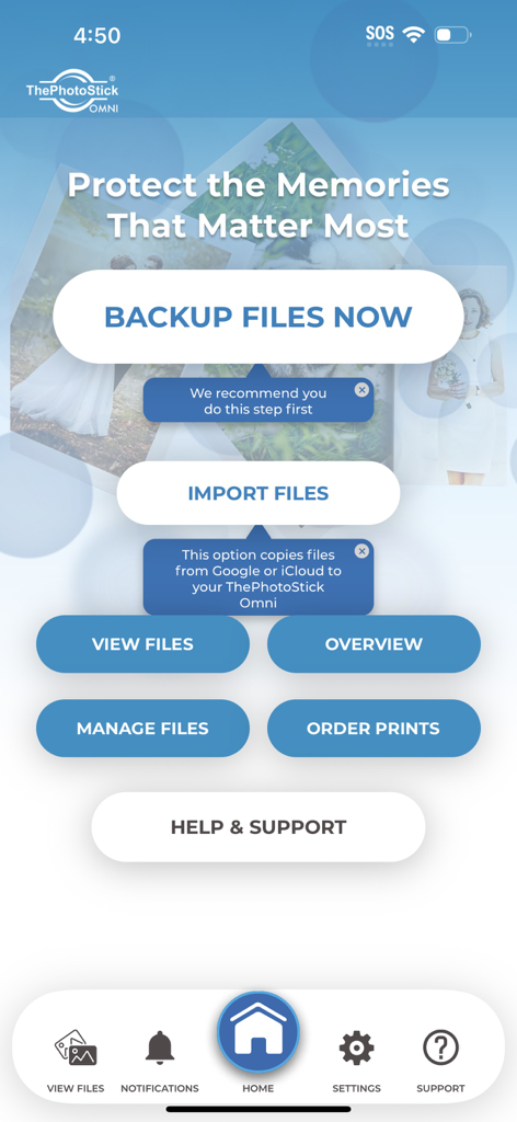 Tela inicial do aplicativo móvel ThePhotoStick Omni mostrando opções para backup e importação de arquivos