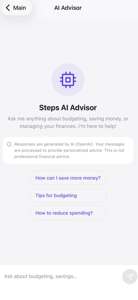 Steps Budget Tracker - A mobile screen showing the Steps AI Advisor interface for personalized financial and budgeting advice.