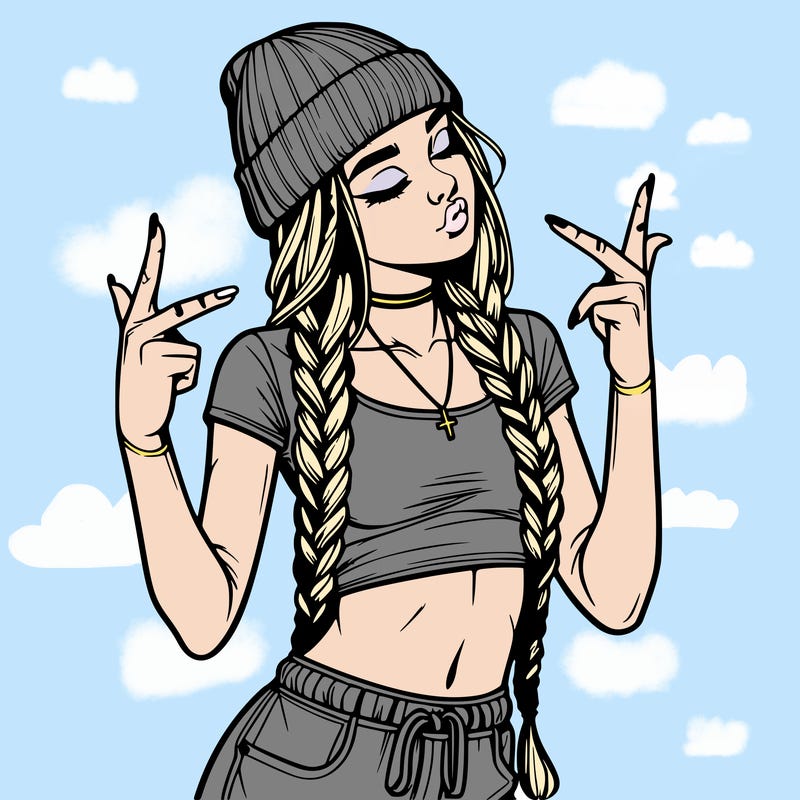 realistic teenage girl with braids and a beanie and crop top doing 🫶🏼