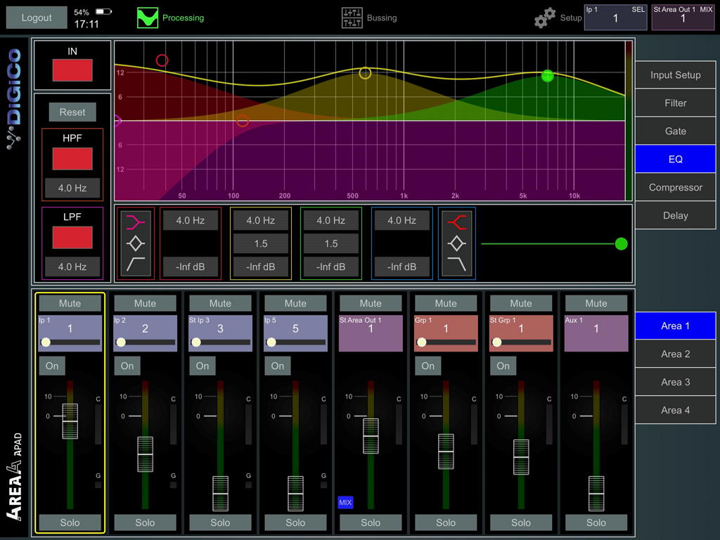 Professional audio mixing interface showing the EQ processing screen with frequency curves and channel faders