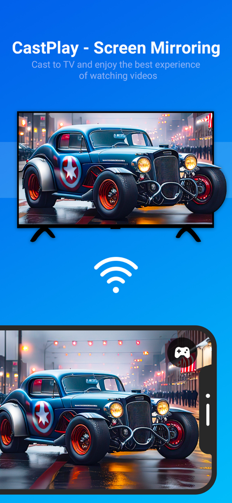 CastPlay - Cast to TV - Duplicación de pantalla de iPhone a TV: la interfaz de la aplicación CastPlay que demuestra la duplicación inalámbrica de pantalla de un video de un iPhone a un televisor inteligente
