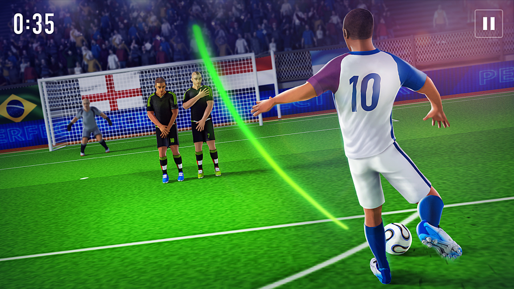 Score and Win - FreeKick 3D World Cup - A 3D soccer player taking a free kick in a stadium with a green trajectory guide