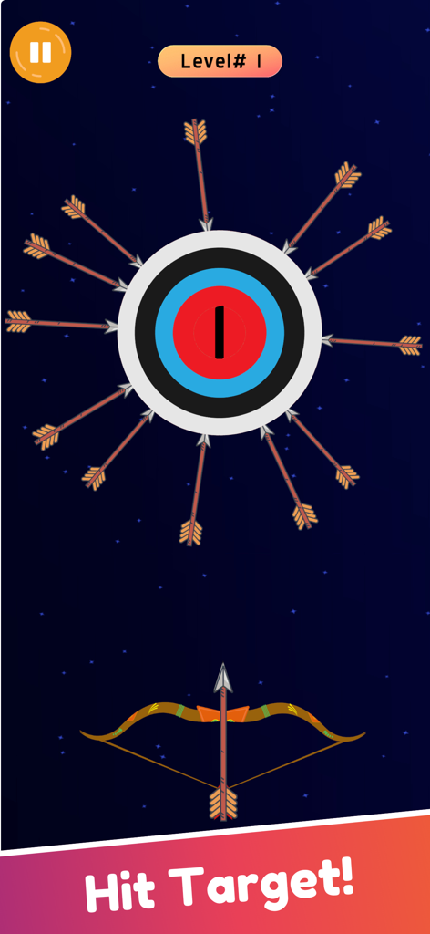 Twisty Arrow Game and Archery - Gameplay of Twisty Arrow Archery showing a bow aiming at a circular target with arrows