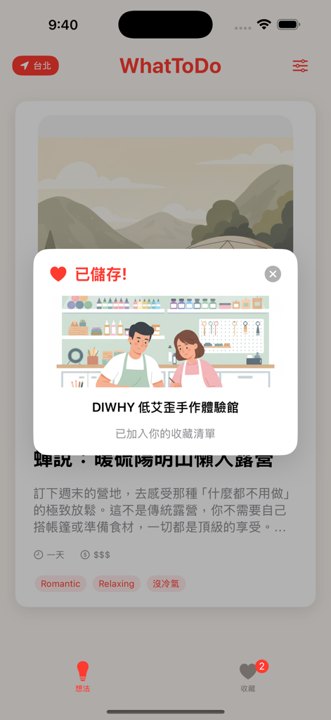 今天幹嘛:情侶約會行程靈感指南 - DIYクラフトデートのアイデアがお気に入りに追加されたことを確認するポップアップ画面を示すモバイルアプリのスクリーンショット。