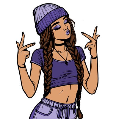 realistic teenage girl with braids and a beanie and crop top doing 🫶🏼