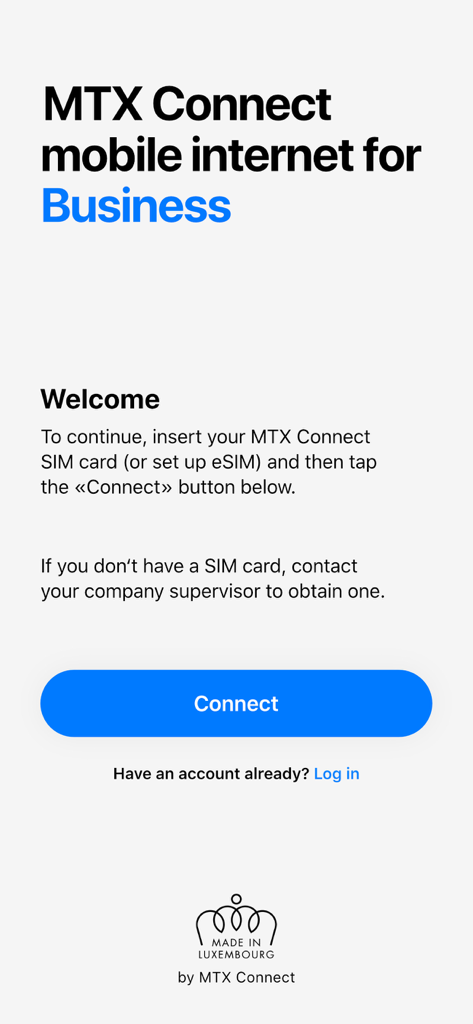 Startbildschirm der MTX Connect for Business App mit einem blauen Connect-Button und Anmeldeoptionen