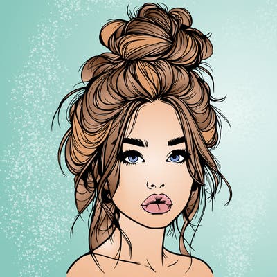 realistic girl with a messy bun and she has lips