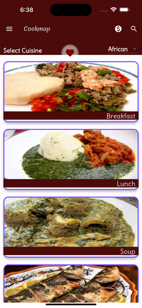 Intercontinental Food recipes - Cookmap mobile app screen displaying African cuisine recipe categories for breakfast lunch and soup