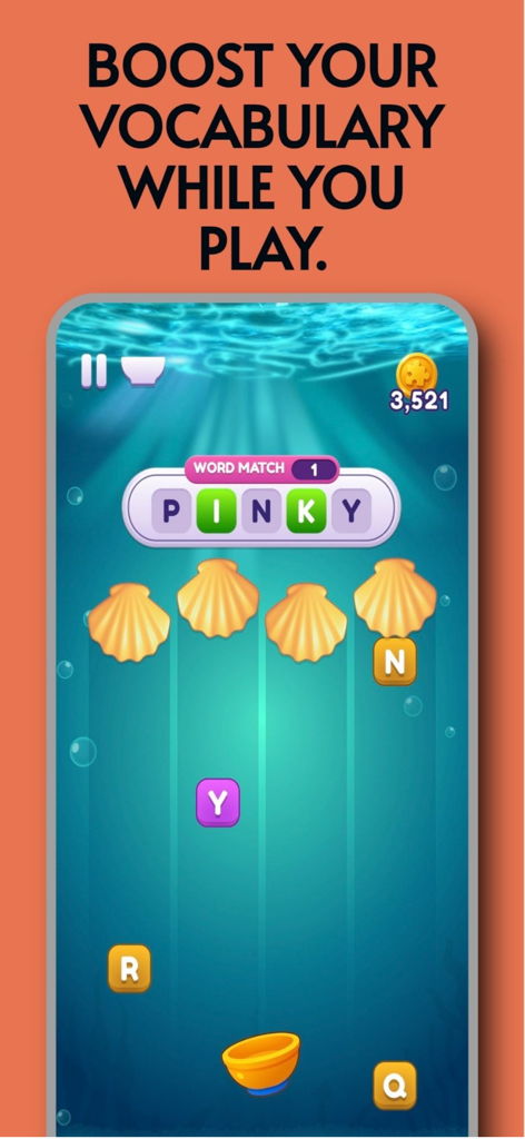 Juego de Worde Flow que muestra letras que caen en un tema submarino y un desafío de puzle de palabras
