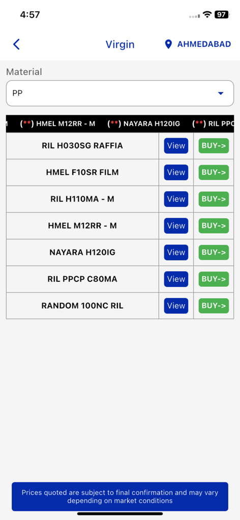 Polytrend app interface displaying a list of virgin polymer materials and buy options