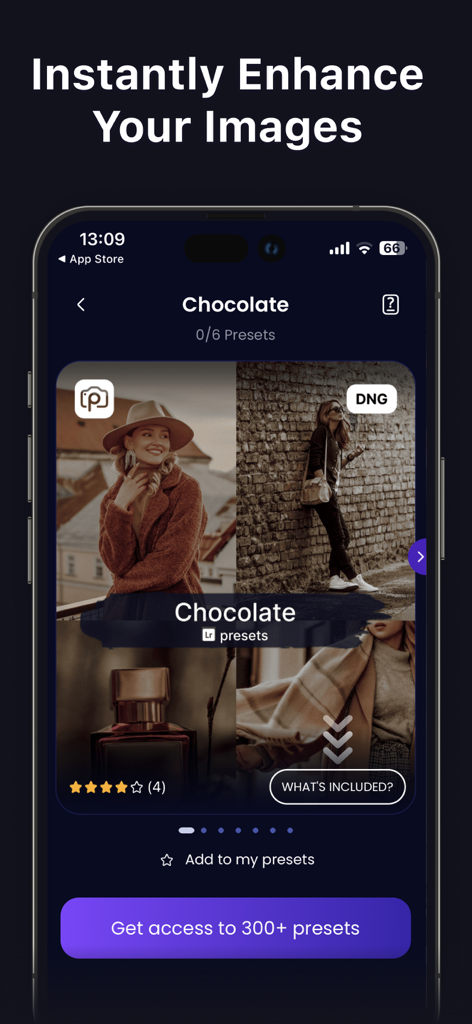 Un téléphone mobile affichant une collection de préréglages Lightroom aux tons chocolatés chauds pour la retouche photo