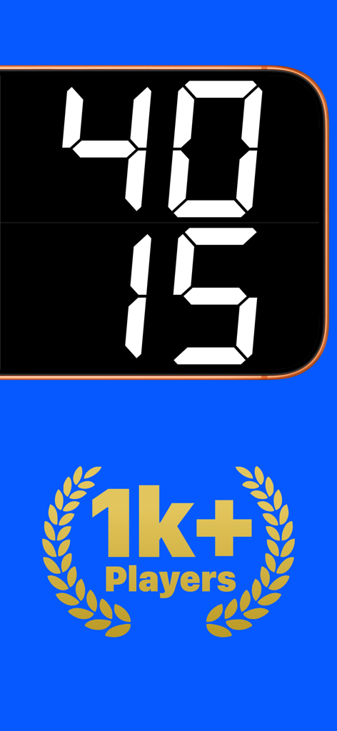 Padel Watch Counter interface showing a 40-15 score and a milestone badge for over 1000 players