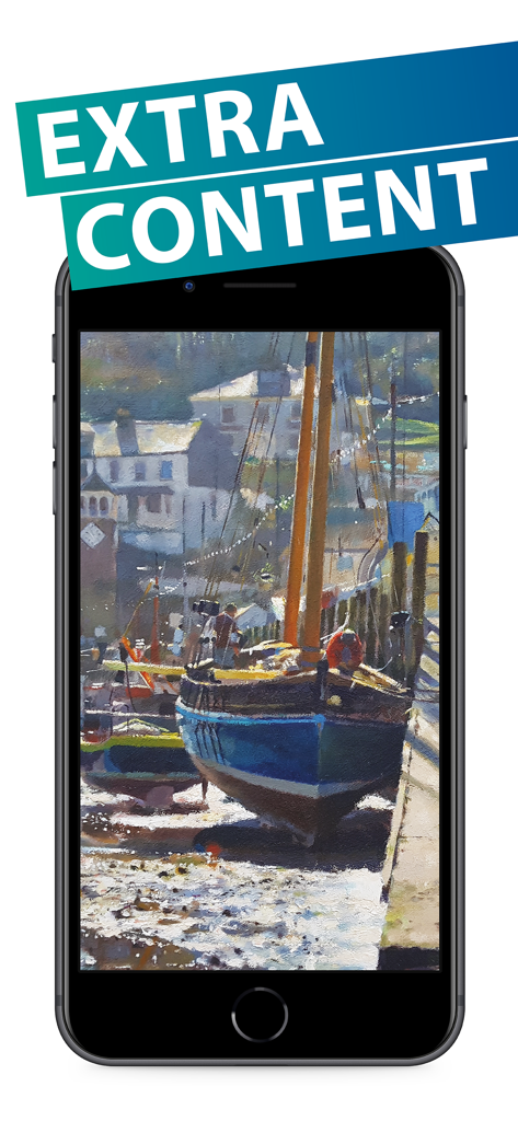 Uno smartphone che mostra un dipinto a olio di una barca in un porto con un banner di Contenuti Extra dall'app The Artist Magazine.
