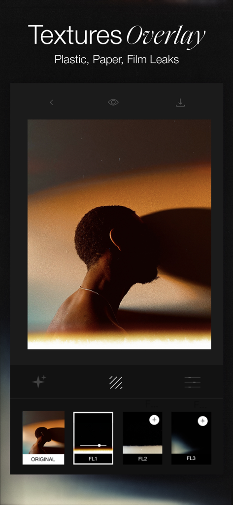 Interface of Most Aesthetic Story Editor app demonstrating a film leak texture overlay on a photo