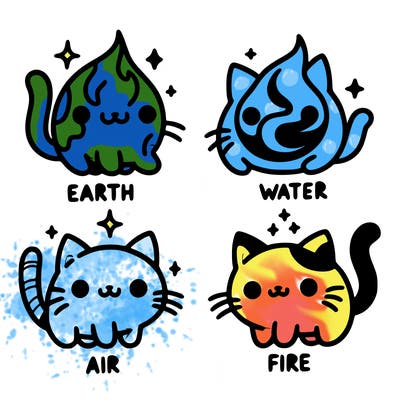 4 cats that represent the different elements, earth, water, air, and fire