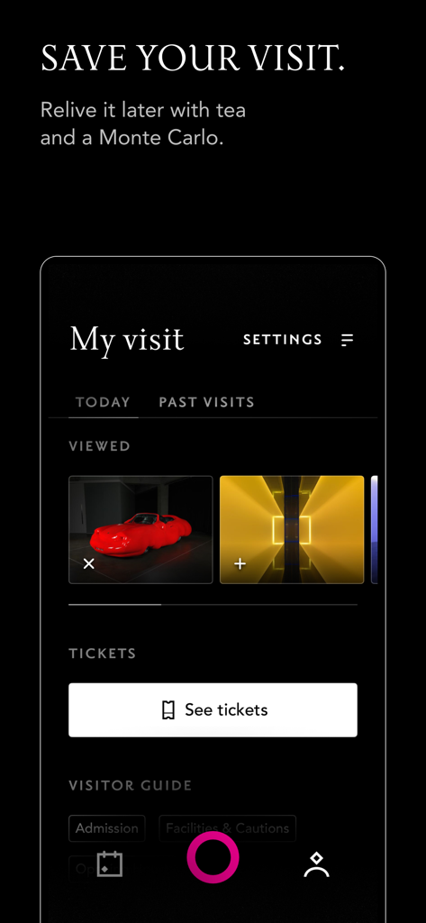 Interface da aplicação The O mostrando o ecrã Guardar a Tua Visita com uma galeria de obras de arte visualizadas e bilhetes do museu