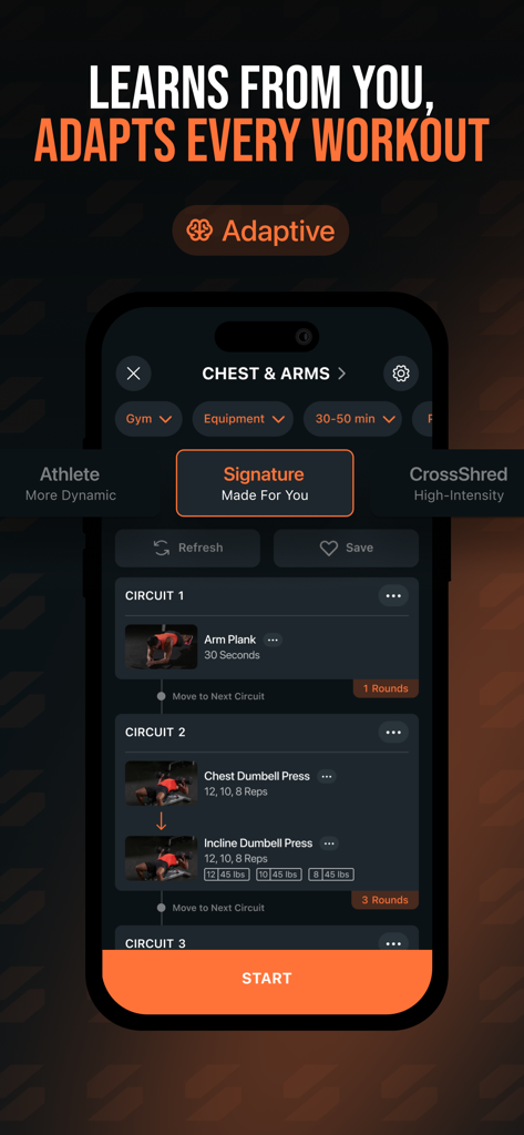 SHRED: Gym & Home Workouts - Smartphone-Bildschirm, der den adaptiven Trainingsplan der SHRED-App für Brust und Arme mit Schaltungen und Übungen zeigt.
