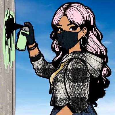 realistic girl with mask spray painting a wall