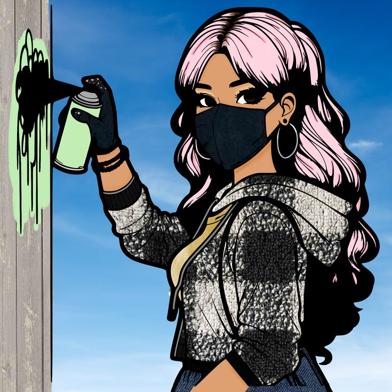 realistic girl with mask spray painting a wall