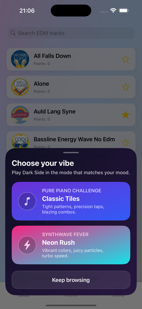 Pantalla de selección de modo de juego de Pop Piano que muestra Azulejos Clásicos y Neón Rush