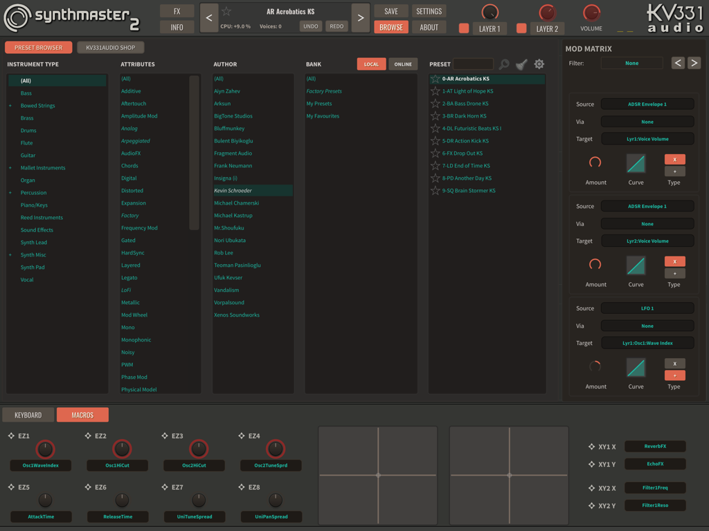 SynthMaster 2 - SynthMaster 2 preset browser and modulation matrix interface
