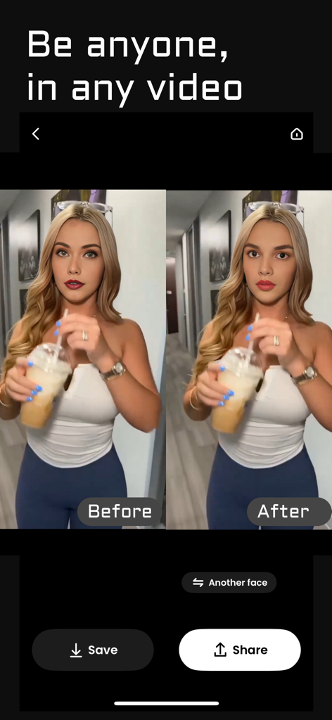 A before and after comparison of a woman using the SwapMe AI face swap feature in a video