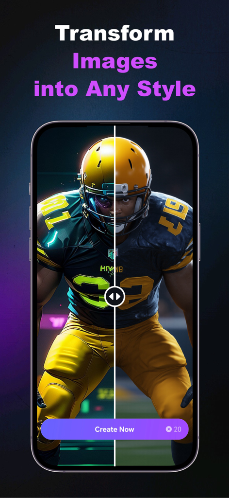 A split screen comparison showing an American football player transformed from a standard image into a futuristic AI generated artistic style within the Phant AI app interface