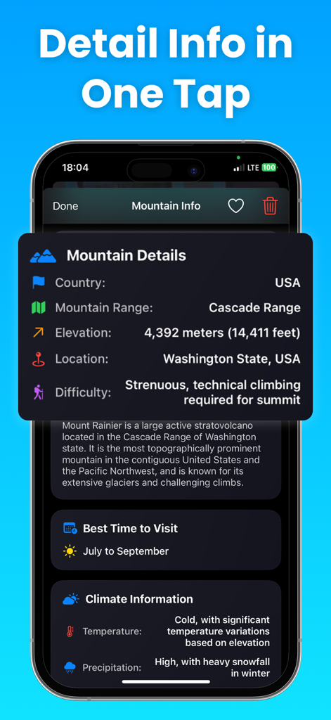 Pantalla de detalles de pico de montaña mostrando la elevación y la información climática del Monte Rainier
