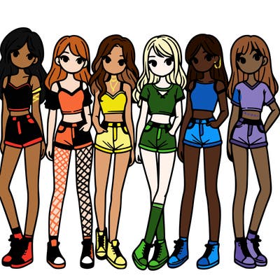 a group of girls wearing crop tops and shorts