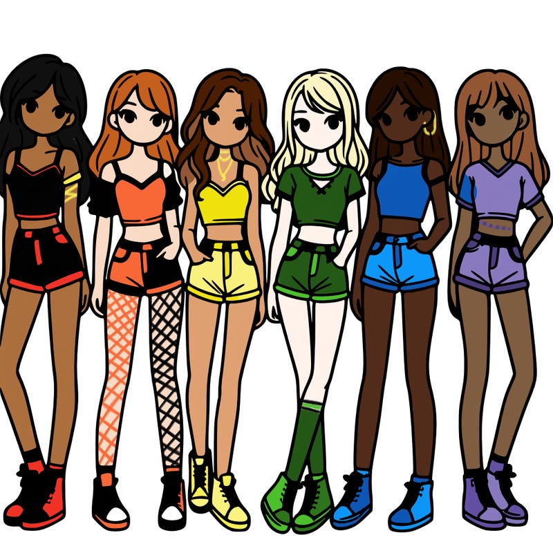 a group of girls wearing crop tops and shorts