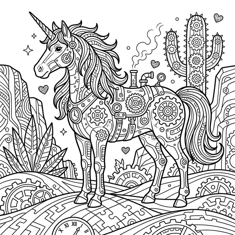 Step into a world where fantasy meets machinery with this stunning steampunk desert unicorn coloring page. Perfect for coloring enthusiasts seeking a unique and intricate design.