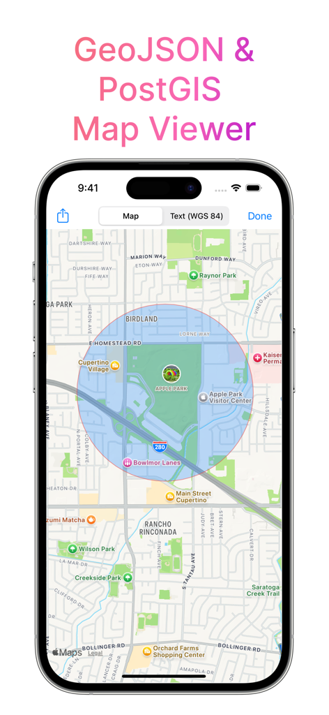 PostgreSQL Client - PostgreSQL client interface showing PostGIS and GeoJSON map data viewer on an iPhone.
