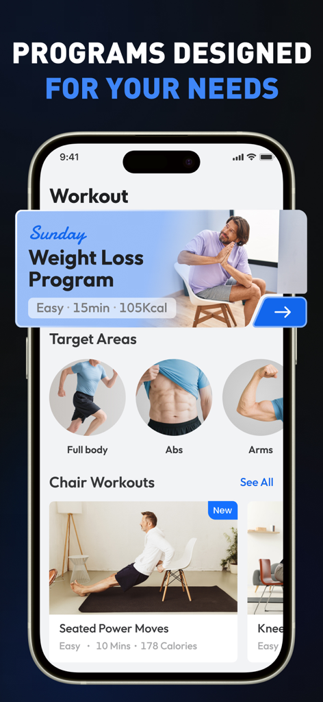 Oberfläche der mobilen App Chair Workout for Men, die ein personalisiertes Gewichtsverlustprogramm und gezielte Trainingsbereiche wie Bauch und Arme zeigt.